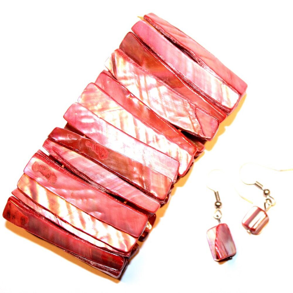 Mother of Pearl Sea Shell Stretch Sand Beach Bracelet Earrings Set